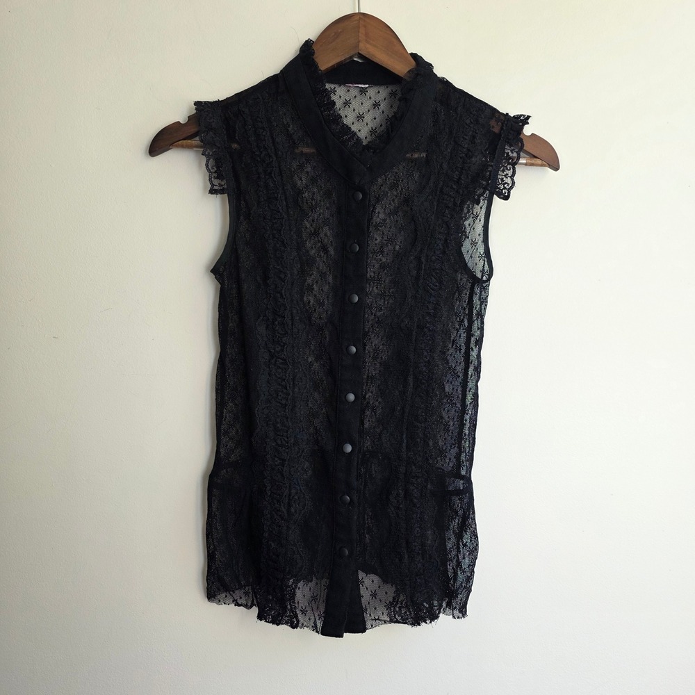 Whimsigoth Y2K Black Lace Sheer Button Up Top Dark Coquette Fairy Ruffle Neck